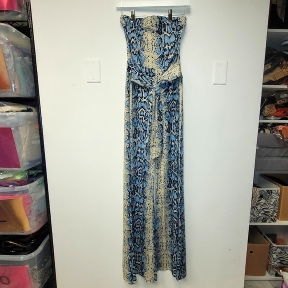 Strapless Jumpsuit In Blue Cream And Black Snake Print Front Tie Size M - Picture 8 of 17